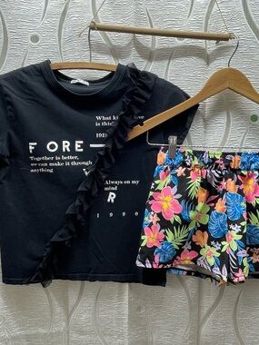 Dex Justice Girls T-Shirt Shorts Set M 10 Black Tropical Floral Good Ruffle